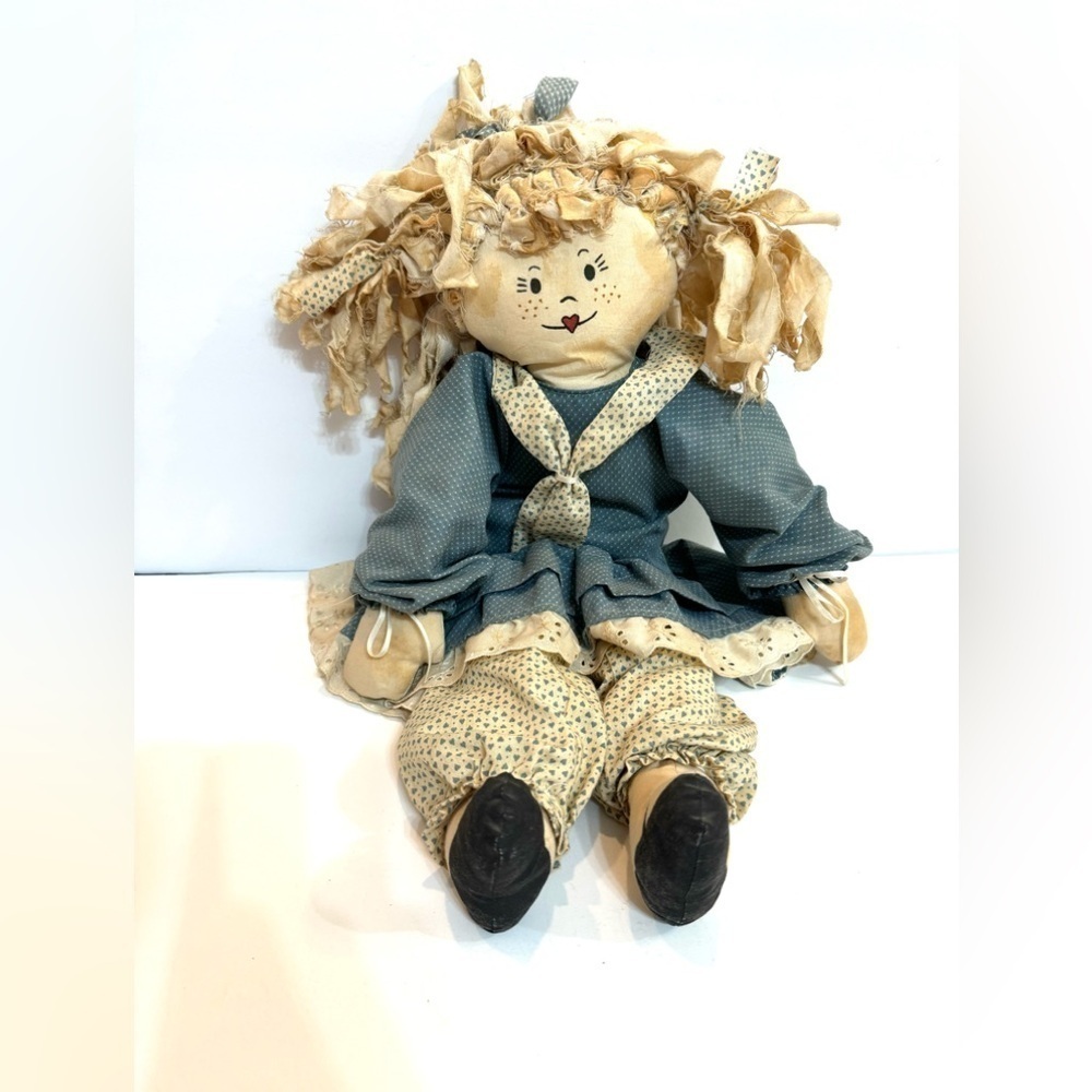 Vintage Handmade Cloth Rag Doll Soft Body 20” Blue And White Country Decor OOAK